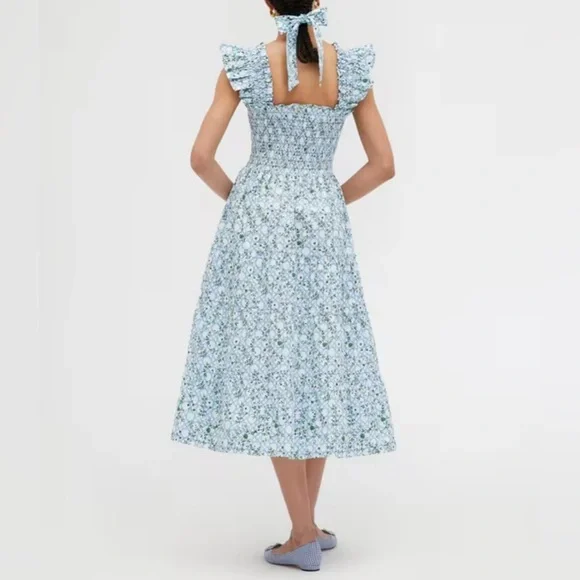 Hill House The Ellie Nap Dress Basketweave Vine Floral Blue Dress Size XS